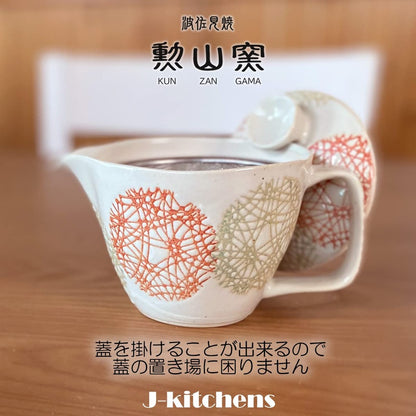 J-kitchens Teapot with Strainer, 240ml, for 1-2 persons, Hasami Ware, Made in Japan, Marumon Circle S, Red