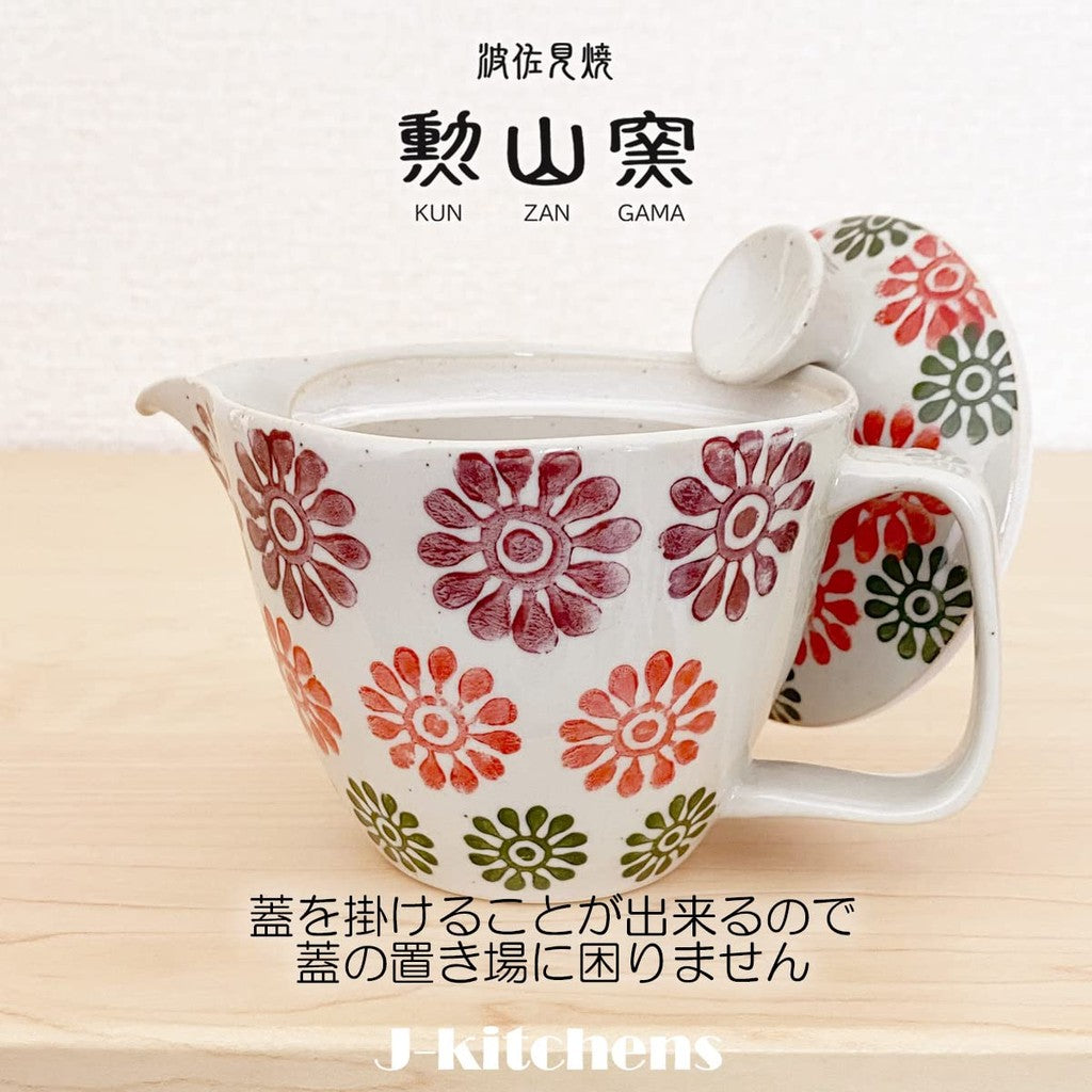 J-kitchens Teapot, Hasami Ware, Made in Japan, Small 240ml, Serves One to Two People, with Tea Strainer, Flower Komon Pattern, Red, Microwave Safe, Dishwasher Safe.