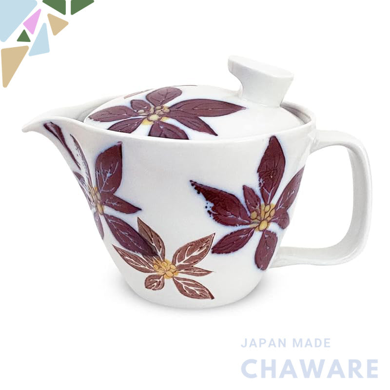 J-kitchens Kunzan Kiln Teapot with Strainer 240ml for 1 to 2 persons, Hasami Ware, Made in Japan, Poinsettia