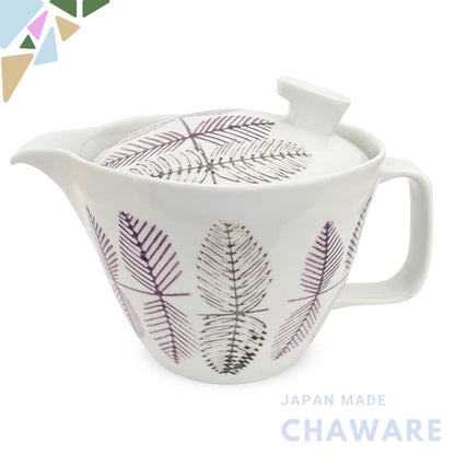 J-kitchens Teapot with Strainer, Hasami Ware, Made in Japan, 385ml, Large, for Two to Three Persons, Leaf Pattern, Purpl