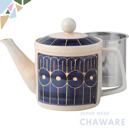 Lightweight Japanese Teapot with Deep Blue Pattern, 350ml Capacity, Durable Super Stainless Steel Strainer, Suitable for