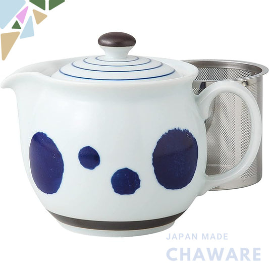 Hasami Porcelain Teapot with Round Pattern (Super Stainless Steel Infuser) - 450ml Capacity, Made in Japan