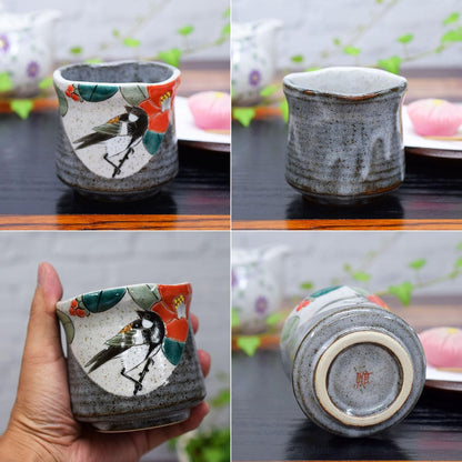 【made in japan】
Stylish Yunomi (tea cup) - Kutani ware, featuring camellia and Japanese bush warbler design, ceramic, brand, Japanese tableware, made in Japan.