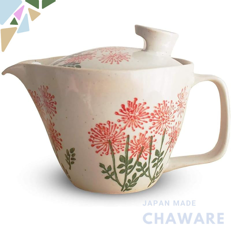 J-kitchens Teapot with Strainer, Hasami Ware, Made in Japan, 240ml, Large Size, for One to Two Persons, Wildflower Desig