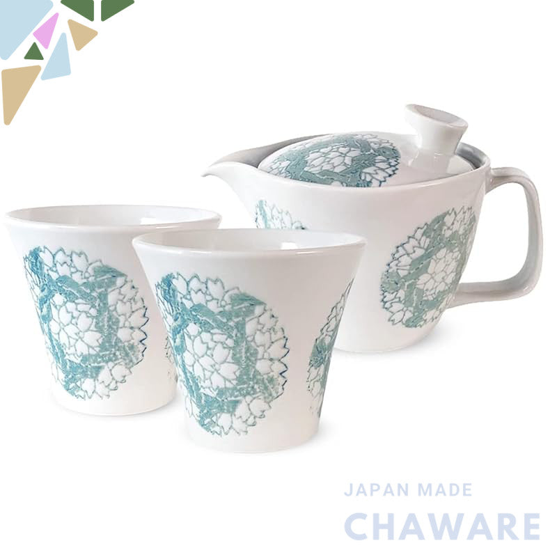 J-kitchens Teapot 240ml & Pair of Tea Cups Set, Hasami Ware, Made in Japan, for 1 to 2 People, with Tea Strainer, Round 