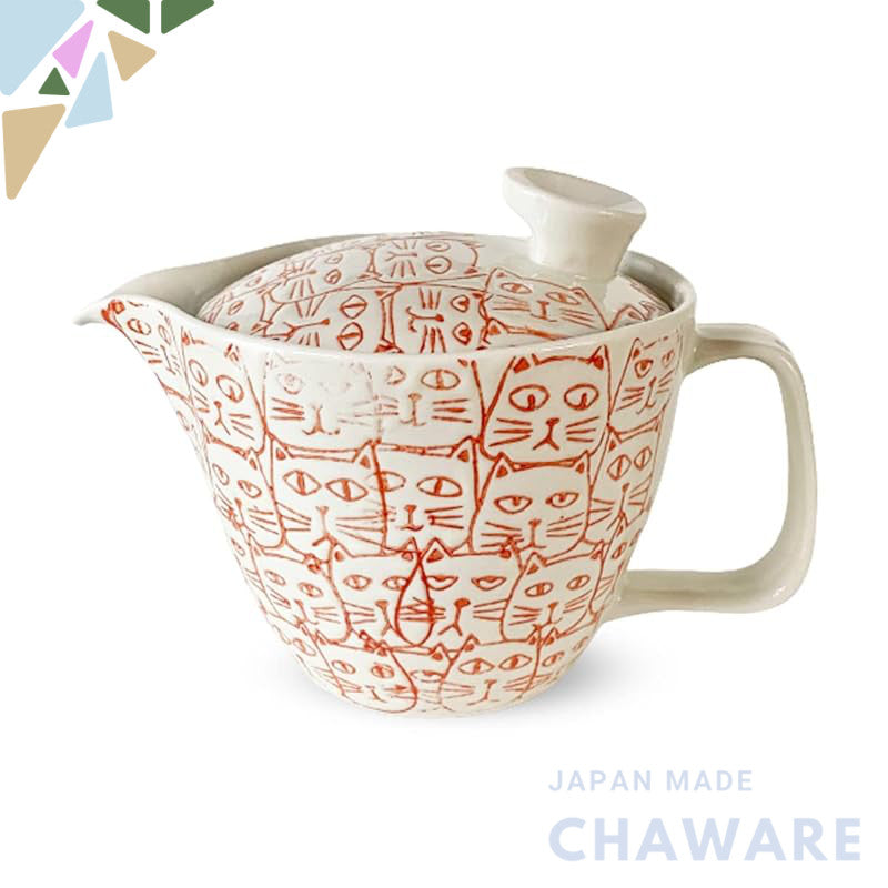 J-kitchens Teapot with Strainer 240ml for 1-2 People Hasami Ware Made in Japan Water-Repellent Cats Pot S Red