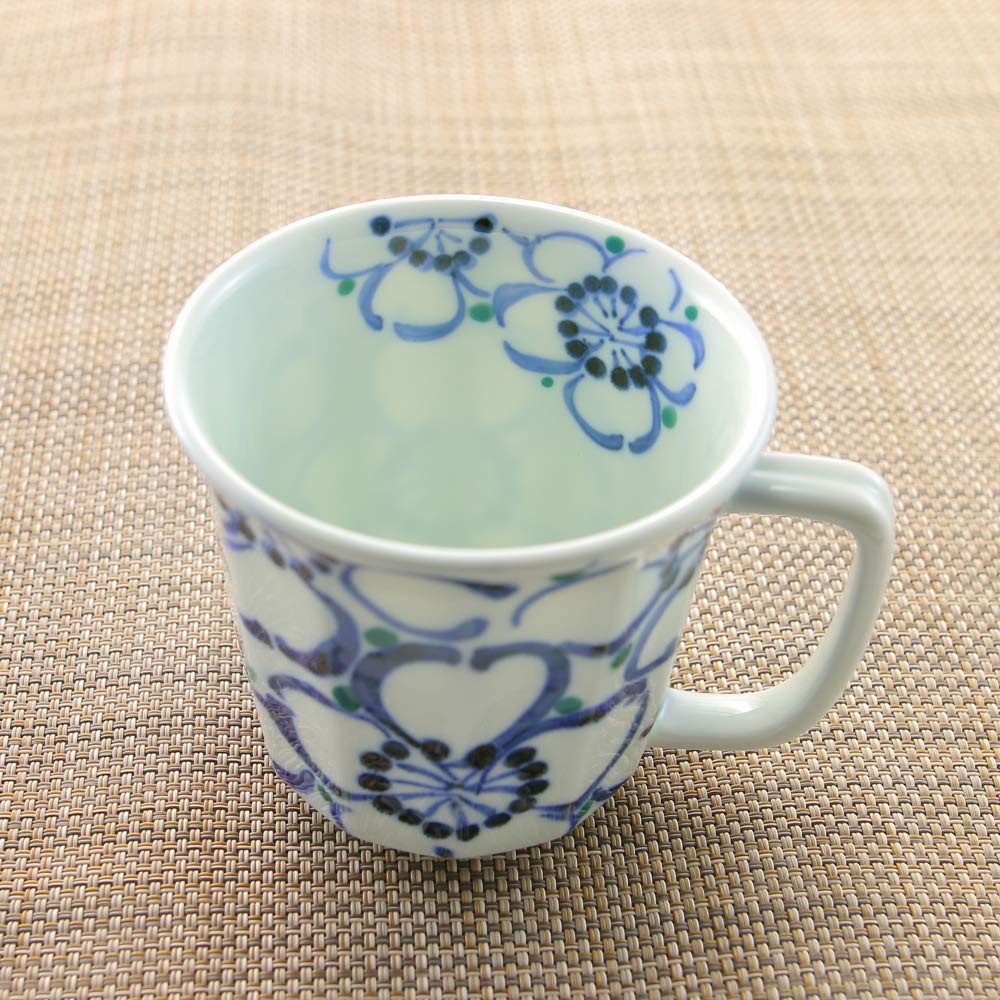 Arita-yaki and Hasami-yaki Mug, Large Floral Light Mug (Blue), Lightweight, Available in Paired Colors, Cherry Blossom Floral Pattern | Japanese Tableware, Pottery, Sangaibishi