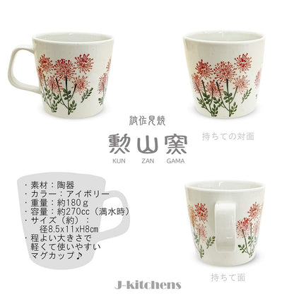 J-kitchens Kunzan Kiln Teapot and Mug Set Microwave Safe Hasami Ware Made in Japan (Teapot 240ml, Mug 270ml, Tea Accessories) with Tea Strainer, Wildflower Red