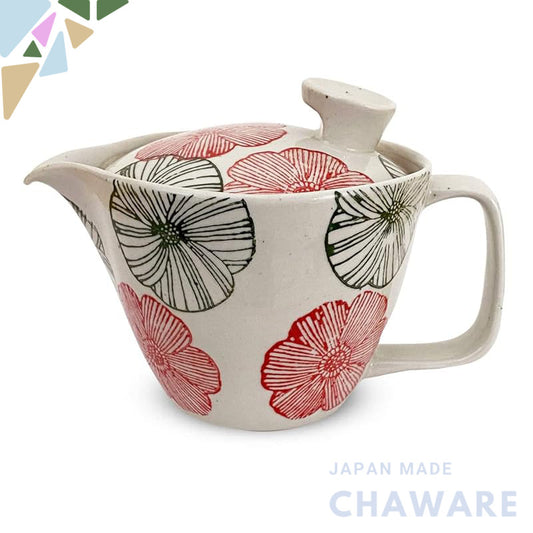 J-kitchens Kyusu Teapot, Hasami Ware, Made in Japan, with Tea Strainer, 240ml, Large Size for One to Two Servings, Flora