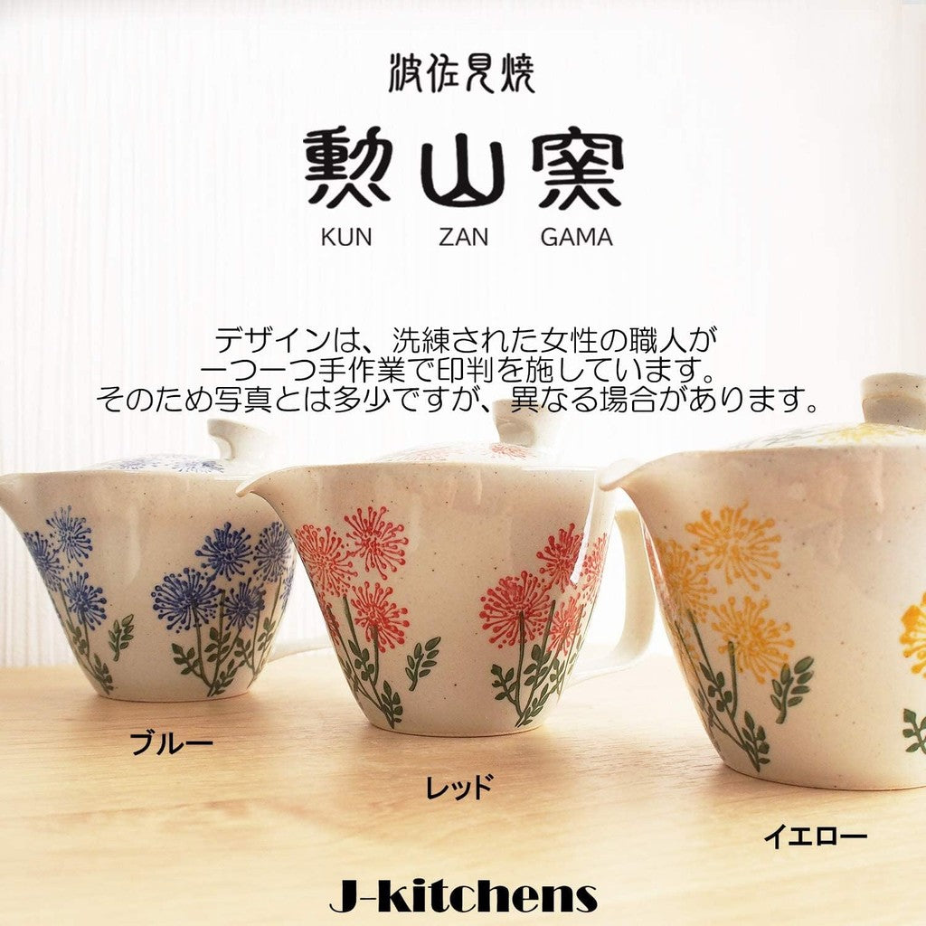 J-kitchens Teapot with Strainer, Hasami Ware, Made in Japan, 240ml, Large Size, for One to Two Persons, Wildflower Design, Red, Microwave Safe, Dishwasher Safe.