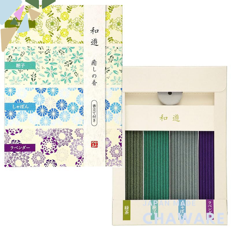 Kameyama Wayu Assorted Healing Scents (Green Tea / Gardenia / Soap / Lavender) - 1 Set of Incense Sticks with Incense Ho