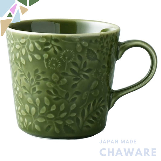 NARUMI Anna Emilia Mug 350cc in Forest Green with Floral Design - Cute Relief, Oversized, Microwave, Oven, and Dishwashe