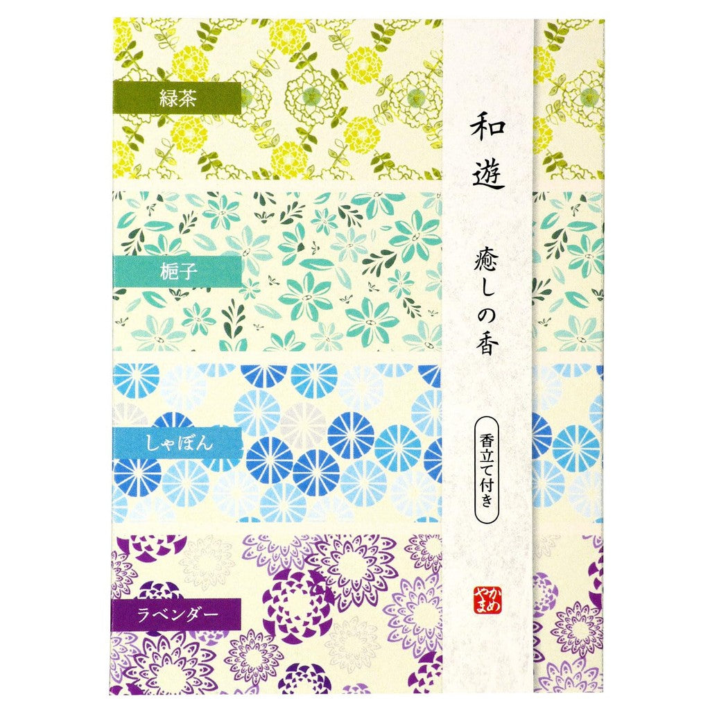 Kameyama Wayu Assorted Healing Scents (Green Tea / Gardenia / Soap / Lavender) - 1 Box of Incense Sticks with Holder.
