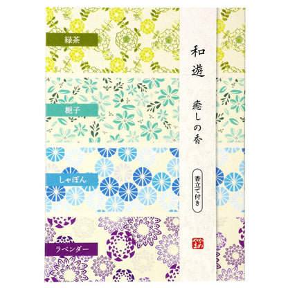 Kameyama Wayu Assorted Healing Scents (Green Tea / Gardenia / Soap / Lavender) - 1 Box of Incense Sticks with Holder.