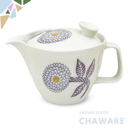 J-kitchens Kunzan Kiln Teapot, Large, Hasami Porcelain, Made in Japan, 385ml, for 2 to 3 people, with infuser, Dahlia Pu