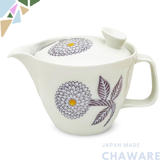 J-kitchens Kunzan Kiln Teapot, Large, Hasami Porcelain, Made in Japan, 385ml, for 2 to 3 people, with infuser, Dahlia Pu
