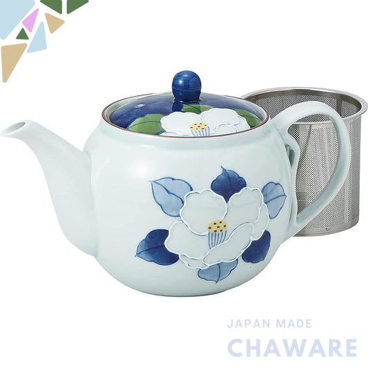 Hasami Ware Pot with Ichinzan Camellia Pattern (Super Stainless Steel with Tea Strainer) Capacity: Approximately 725ml M