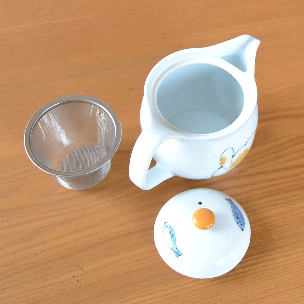 Hamato Hasami Ware Lightweight Teapot 300ml White Hand-Painted Sakura with Super Mesh Tea Strainer Made in Japan