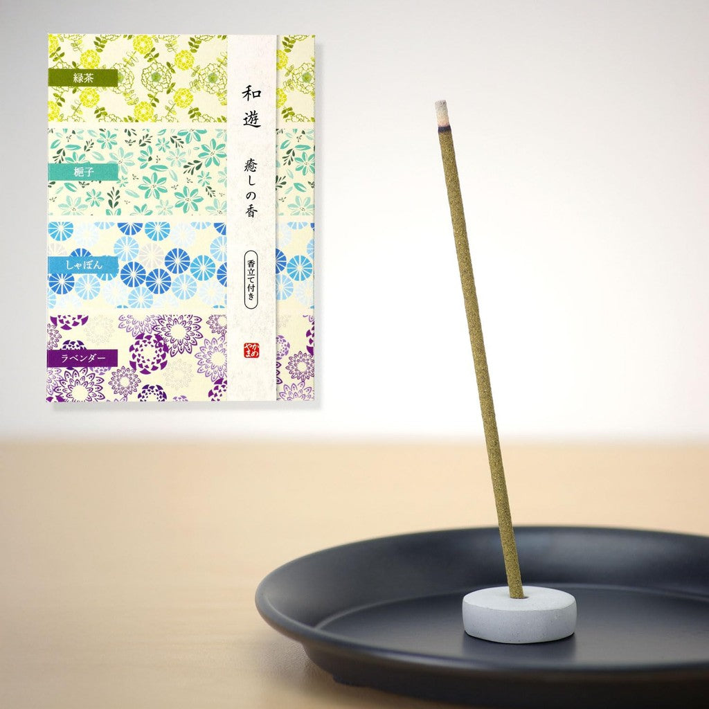 Kameyama Wayu Assorted Healing Scents (Green Tea / Gardenia / Soap / Lavender) - 1 Box of Incense Sticks with Holder.