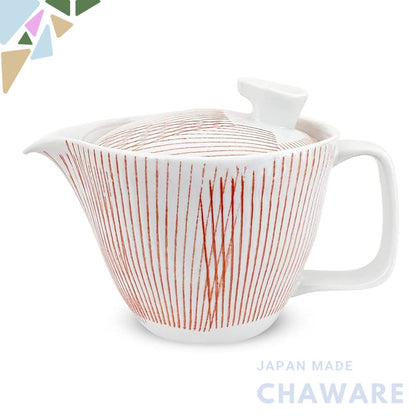 J-kitchens Teapot, Hasami-yaki, Made in Japan, Small 240ml, Large for One to Two Persons, with Strainer, Stripe Red, Mai
