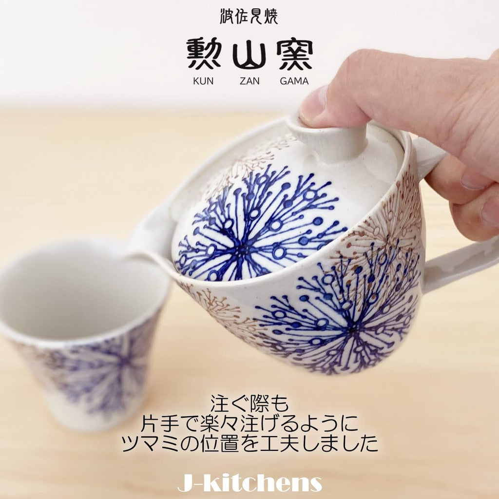J-kitchens Kunzan Kiln Teapot Set Hasami Porcelain Made in Japan (Teapot, Pair of Tea Cups, Stylish Teaware Set) 240cc, 140cc, for 1 to 2 persons, with tea strainer, flower center pattern, blue.