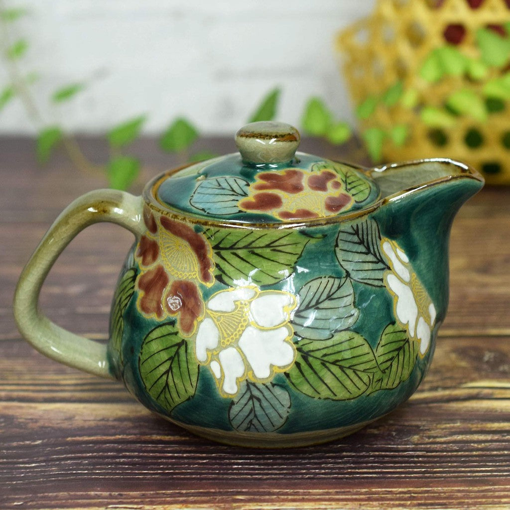 Kyusu Stylish Kutani Ware Teapot Green Camellia Ceramic Japanese Tableware Made in Japan with Tea Strainer Attached