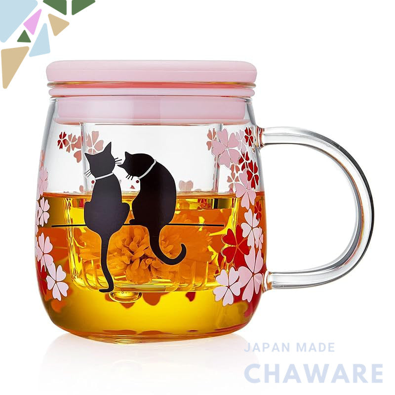 Pokaroti Heat-Resistant Glass Mug with Tea Strainer, Transparent Cherry Blossom Cat Cup that Changes Color with Temperat