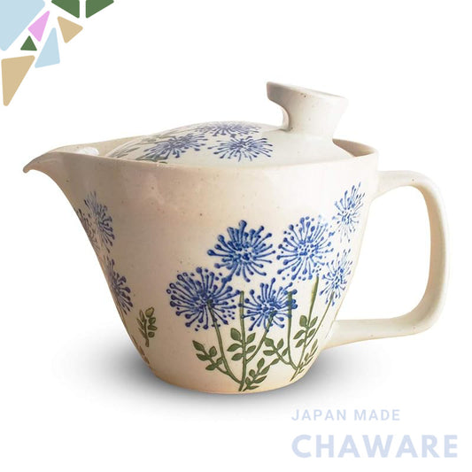 J-kitchens Kunzan Kiln Teapot with Strainer 240ml for 1 to 2 servings, Hasami Ware, Made in Japan, Wildflower Blue