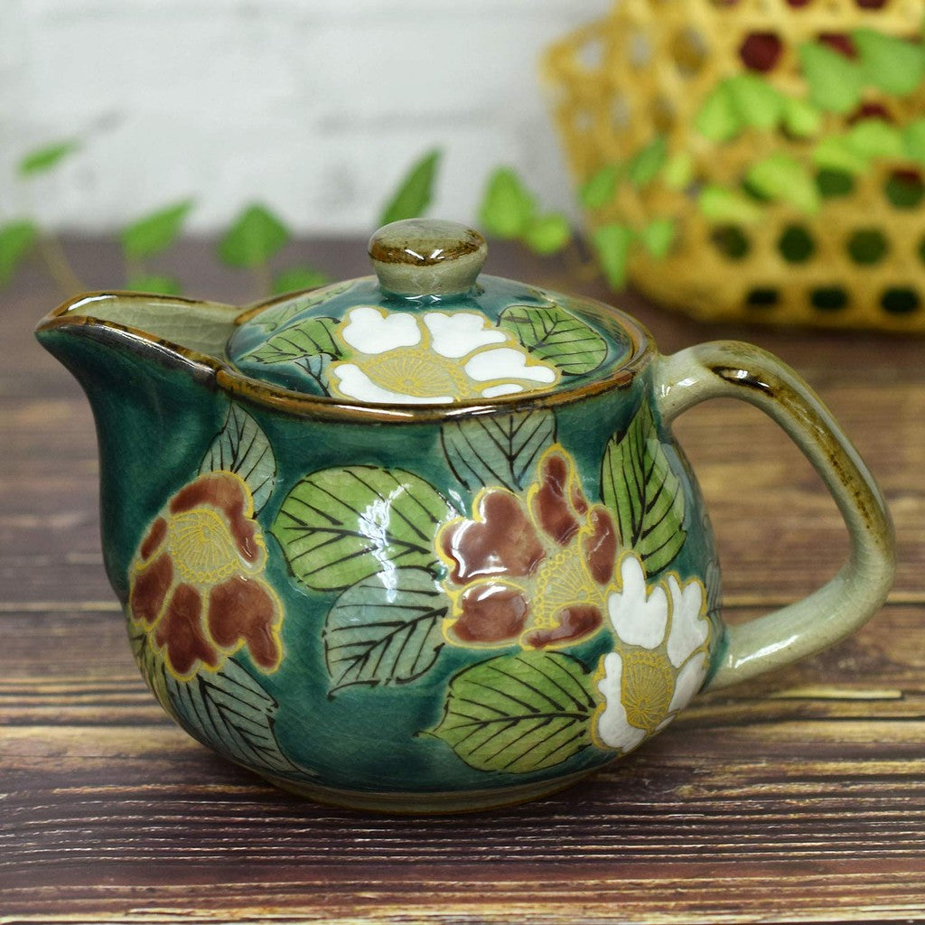 Kyusu Stylish Kutani Ware Teapot Green Camellia Ceramic Japanese Tableware Made in Japan with Tea Strainer Attached