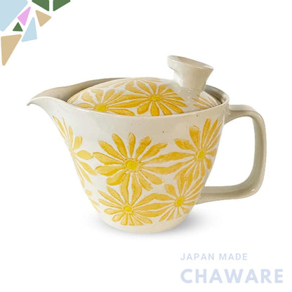 J-kitchens Teapot with Strainer, Hasami Ware, Made in Japan, 240ml Large, for 1-2 People, Freesia Small, Yellow, Microwa