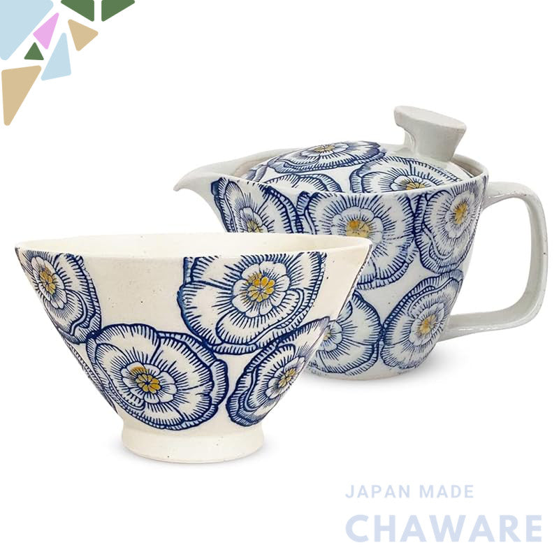 J-kitchens Kunzan Kiln Rice Bowl and Teapot Set, Hasami Ware, Made in Japan (Large Rice Bowl 12.6x7.5cm, 240ml Teapot, O