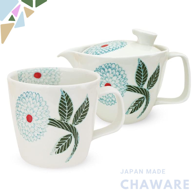 J-Kitchens Kunzan Kiln Teapot and Mug Set, Microwave Safe, Hasami Ware, Made in Japan (Teapot 240ml, Mug 270ml, Tea Set) with Tea Strainer, Dahlia Premium
