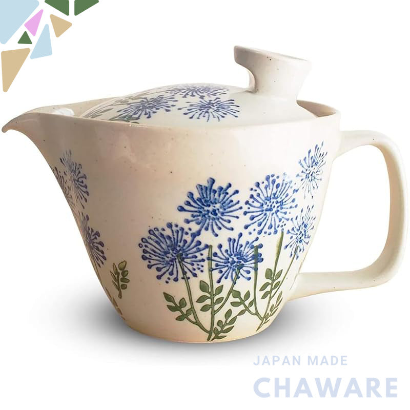 J-kitchens Teapot with Strainer, Hasami Porcelain, Made in Japan, 240ml, Large, Suitable for 1 to 2 Cups, Wildflowers Bl