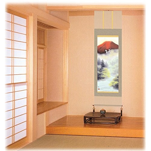 Hanging scroll, landscape painting - Red Fuji and Twin Cranes by Ukita Shusui, 1.5 shaku, for the tokonoma.