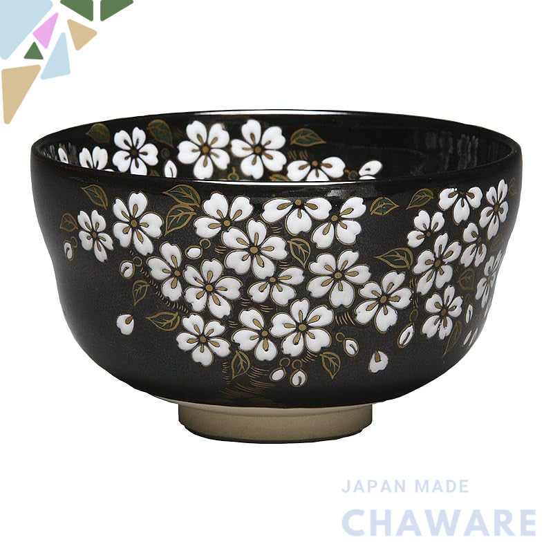 Miyachi Eikou Matcha Bowl, Black Size: Diameter 12 cm x Height 7 cm, Black Nishiki, Cherry Blossom, Comes in a Decorativ