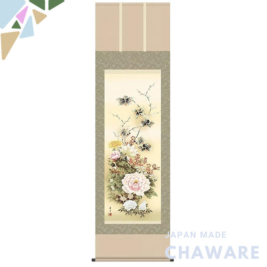 Hanging Scroll, Year-Round Display, Flowers, Rangetsu Yoshii, Flourishing Flowers, 5 Shaku Size, Bird-and-Flower Paintin