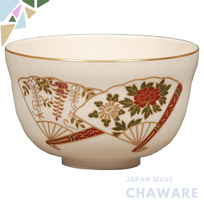 Miyachi Eikou Matcha Bowl White Size: Diameter 12.4 cm x Height 7.8 cm, Kinkei Fan Shape, Comes in a Paper Box.