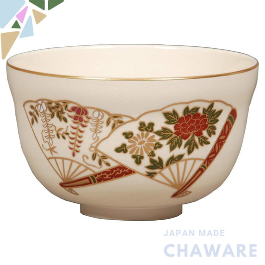 Miyachi Eikou Matcha Bowl White Size: Diameter 12.4 cm x Height 7.8 cm, Kinkei Fan Shape, Comes in a Paper Box.