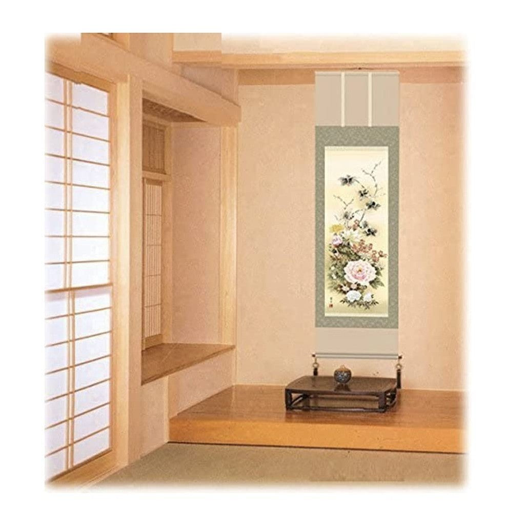 Hanging Scroll, Year-Round Display, Flowers, Rangetsu Yoshii, Flourishing Flowers, 5 Shaku Size, Bird-and-Flower Painting, With Paulownia Box and Tatami Paper Storage, Including Wind Chime, for Alcove.