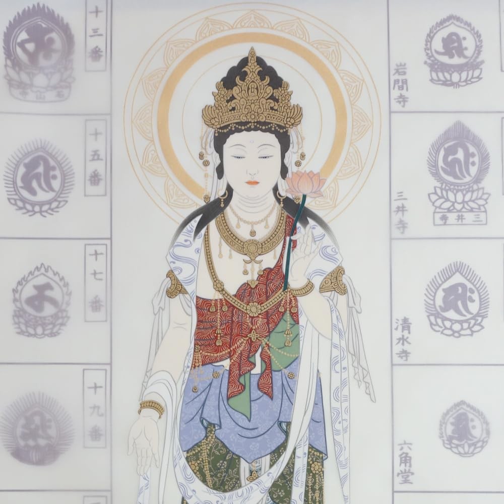 Pilgrimage scroll (hanging scroll) for the Thirty-three Sacred Sites of Western Japan, featuring Fukutai Kannon on the front, comes with an original clear file from Hotokudo.