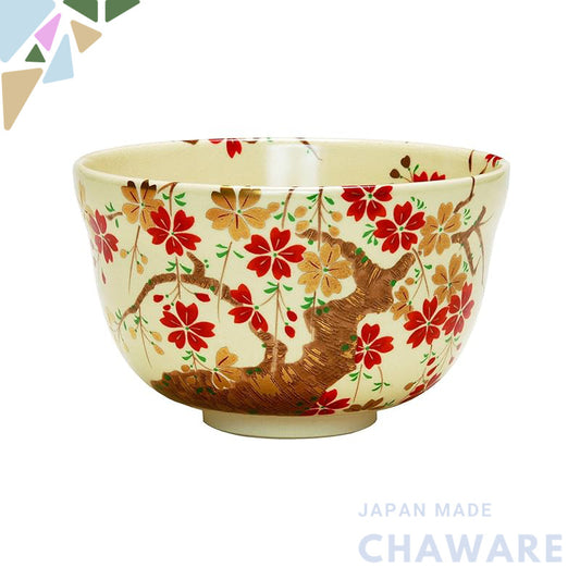 Miyachi Eikou Matcha Bowl (White) Size: Diameter 12.4 cm x Height 7.8 cm, Kutani Ware with Weeping Cherry Blossom Design