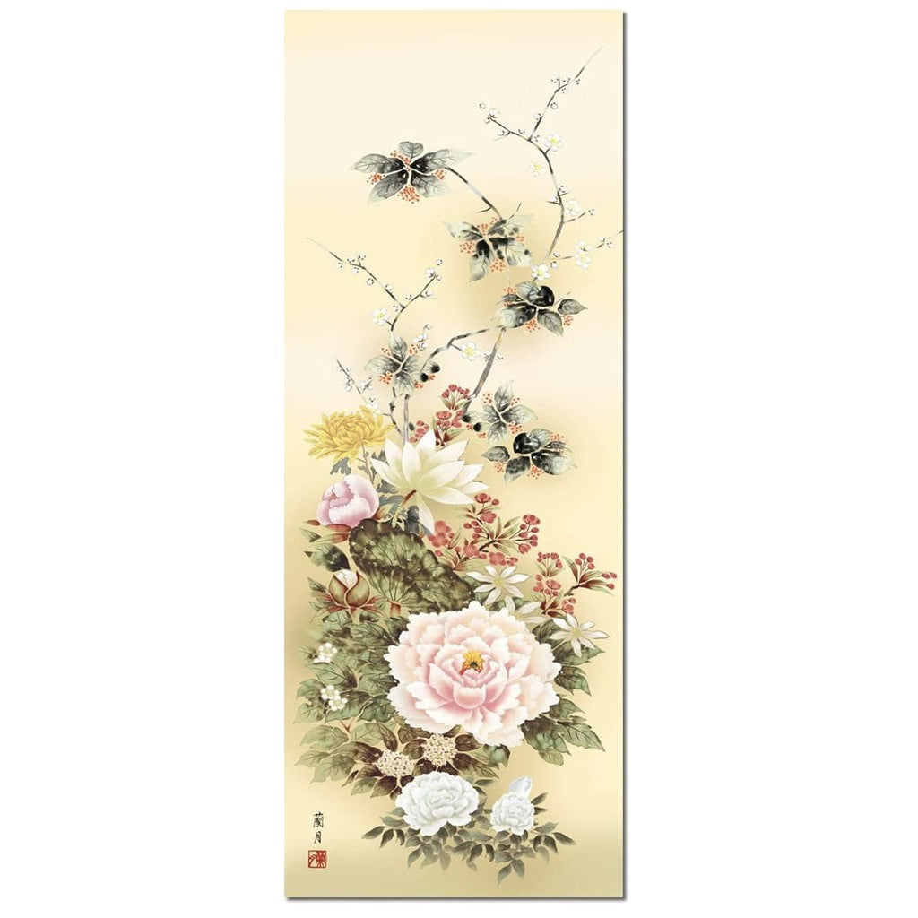 Hanging Scroll, Year-Round Display, Flowers, Rangetsu Yoshii, Flourishing Flowers, 5 Shaku Size, Bird-and-Flower Painting, With Paulownia Box and Tatami Paper Storage, Including Wind Chime, for Alcove.