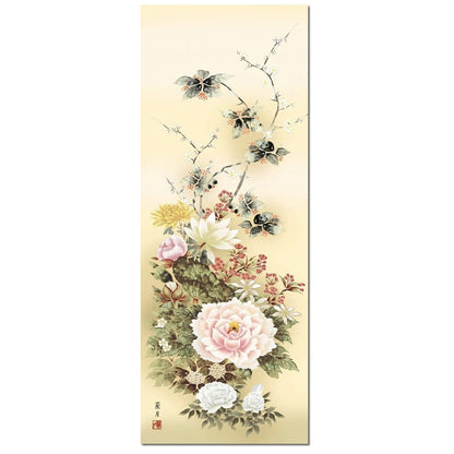 Hanging Scroll, Year-Round Display, Flowers, Rangetsu Yoshii, Flourishing Flowers, 5 Shaku Size, Bird-and-Flower Painting, With Paulownia Box and Tatami Paper Storage, Including Wind Chime, for Alcove.