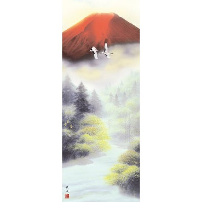 Hanging scroll, landscape painting - Red Fuji and Twin Cranes by Ukita Shusui, 1.5 shaku, for the tokonoma.