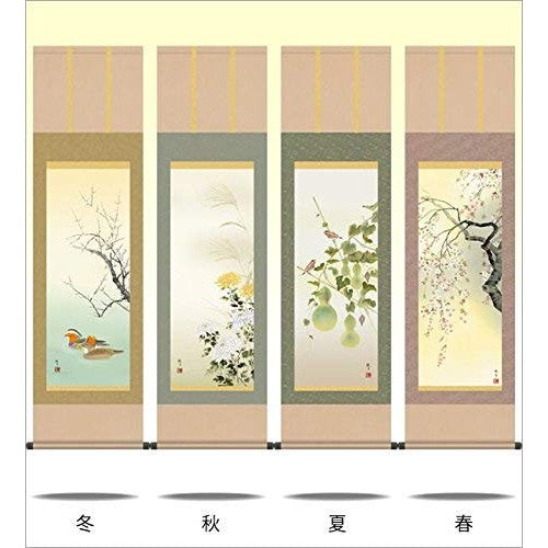 Hanging Scroll - Four Seasons with Colorful Accents [Four-Panel Set] / Kanki Moriyama (Shaku-san) 1MA6-29Set Small Tokonoma Modern Stylish Made in Japan Gift Mounting Wall Decoration Four Seasons Flower and Bird Painting