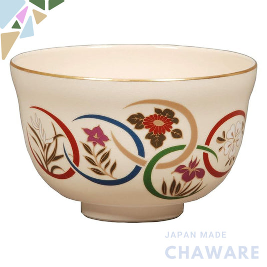 Miyachi Eikou Matcha Bowl, White Size: Diameter 12.4 cm x Height 7.8 cm, Kenzan Flower Pattern, Comes in a Paper Box