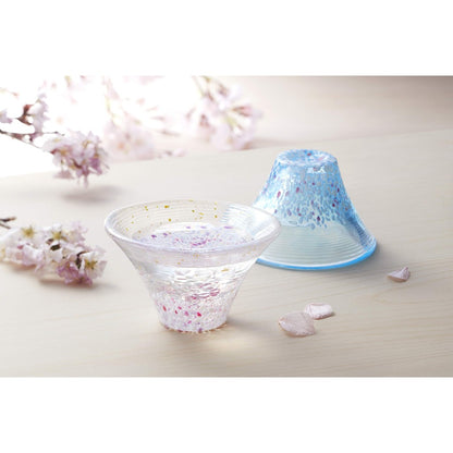 Toyo Sasaki Glass Shokufu Cup Sakura Fuji Cold Sake Cup Set, Light Sakura and Clear Sakura, 45ml, Made in Japan, Sake Glass, Fuji Mountain Cup, Gift, Present, Suitable for Respect for the Aged Day, Father's Day, Mother's Day, Birthday, Comes in a Wooden B