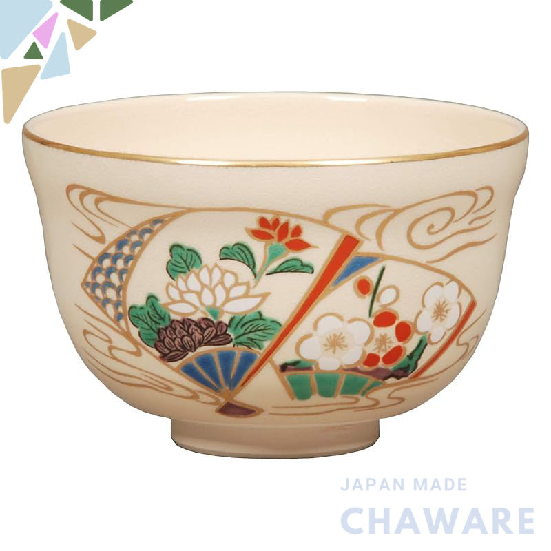 Miyachi Eikou Matcha Bowl, White Size: Diameter 12.4 x Height 7.8 cm, Kinsen Fan-shaped Flowing Water, Comes in a Paper 