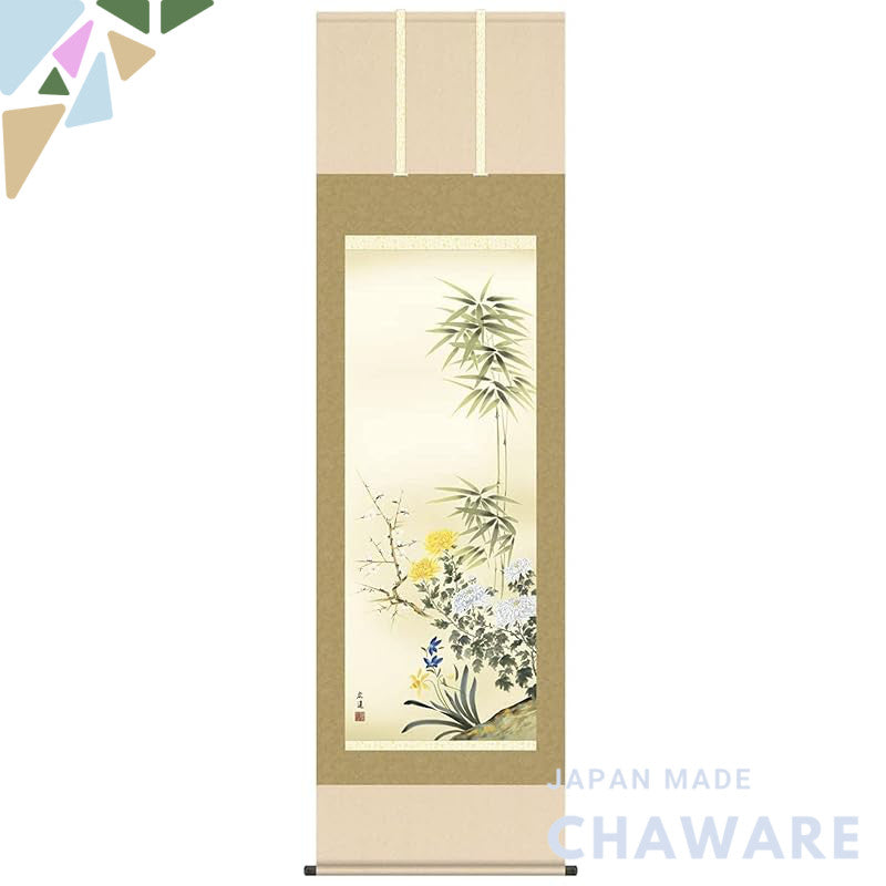 Year-round hanging scroll featuring the Four Gentlemen by Hiroto Tanaka, Size 5, original mounting, for the alcove, bird