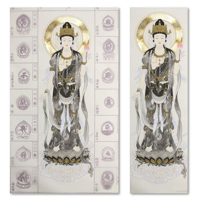 Nōkyō-jiku Hanging Scroll for the 33 Sacred Sites of the Saigoku Pilgrimage, Featuring a Front View of the Ink Kannon, with Genuine Gold Leaf.